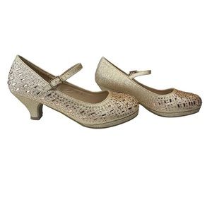 Rhinestone Champagne Heeled Girls Fancy Dress Shoes Size 4
